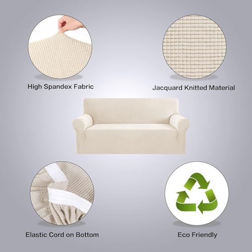 H.VERSAILTEX Stretch Sofa Covers for 3 Cushion Couch Covers Sofa Slipcovers for Living Room Feature Thick Checked Jacquard Fabric with Elastic Bottom, Sofa Large - Natural - Image 4