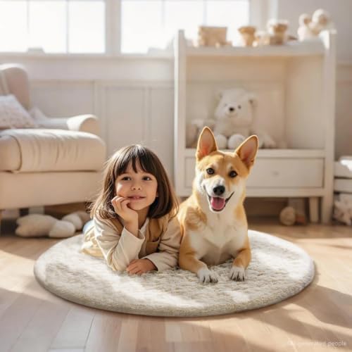 Ophanie Round Rugs 3Ft Ivory Circle Area Rug, Nursery Bedroom Carpet, Small Fluffy Fuzzy Plush Soft Shaggy Cream Living Room Christmas Aesthetic Decor for Kids Boys Girls Teen Baby Home, Dorm - Image 3