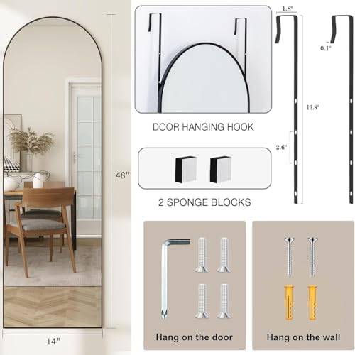 48"x 14" Arched Full Length Door Mirror, Full Body Mirror, White - Image 6