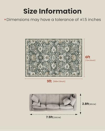 AMADA HOMEFURNISHING 6x9 Area Rugs, Blue Low-Profile Washable Rug with Non-Slip Backing & Durable Edge Binding, Vintage Rugs for Living Room, Bedroom, Dining Room - Image 2
