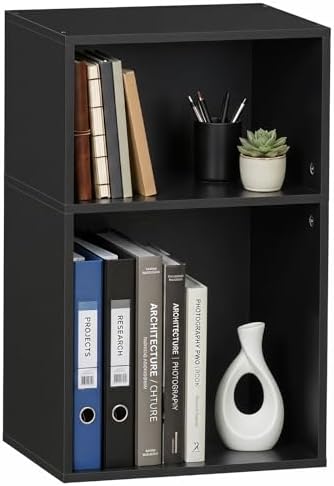 YAHARBO 2 Cube Bookshelf, Black Record Player Stand with Vinyl Storage Up to 100 Albums, Horizontal Book Shelf, Small Cubby Bookcase with Storage Organizer, Turntable Stand for Living Room, Bedroom by YAHARBO