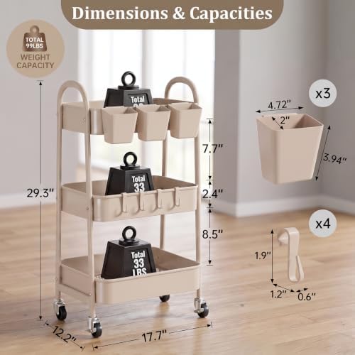 danpinera 3-Tier Rolling Cart, Utility Cart Mobile Metal Rolling Storage Cart with Lockable Wheels & Hanging Cups & Hooks for Kitchen, Bathroom, Office, Workshop, Beige - Image 2