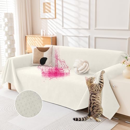 Deep Dream Cat-Scratch Resistant Couch Cover, Waterproof Sofa Cover for 3 Cushion Couch Washable, Pet Friendly Couch Protectors Anti Slip Thickened Sofa Slipcovers for Dogs Pets, 71" x 150", White by DeepDream