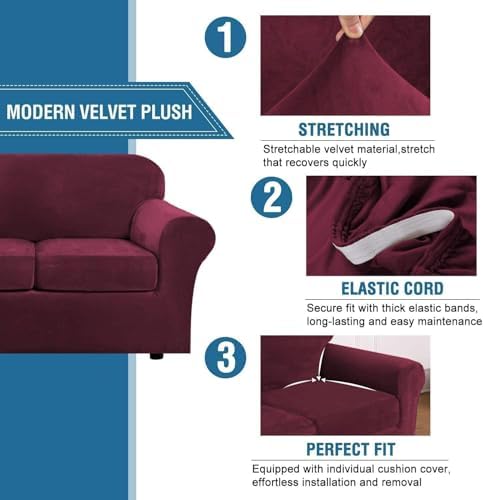 H.VERSAILTEX High Stretch Sofa Slipcover 4 Piece Cover Velvet Furniture Protector Form Fit Thick Velvet Extra Large Sofa Cover for 3 Cushion Couch Width Up to 97 Inch (Large Sofa, Wine/Burgundy) - Image 3