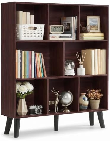 YAHARBO 8 Cube Walnut Bookshelf,5 Tier Book Shelf with Legs,Modern Minimalist Bookcase,Open Book Shelves Storage Organizer,Frees Standing Wooden Display Bookcases for Small Space,Bedroom,Living Room by YAHARBO