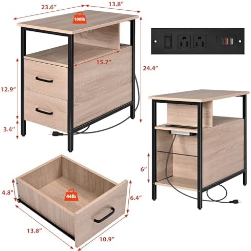Livofloral Side Tables with Charging Station, Narrow End Table with 2 Wooden Drawers, USB Ports and Power Outlets, Narrow Nightstand and Bedside Table, Side Tables Living Room, Bedroom, Greige - Image 3
