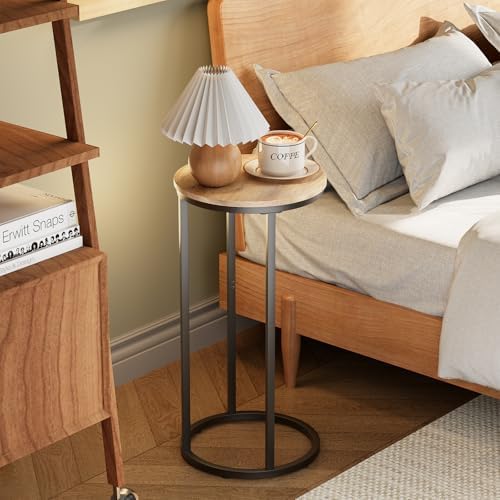 C Shaped end Table, Round Side Table for Couch, Small Snack Sofa Table with Metal Frame for TV Tray, Bedroom, Living Room, Bedside (Oak) - Image 2