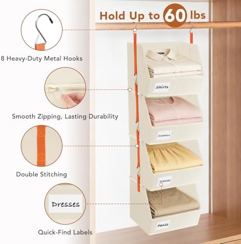 4 Pcs Modular Closet Organizer - Detachable & Foldable Hanging Storage Cubes, 88L Total Capacity, Heavy Duty Fabric Shelves for Wardrobe, Closet Organization, RV, Dorm, Beige - Image 6