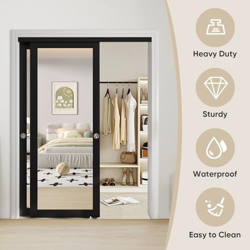 JUBEST 120" x 80" Mirror Closet Door, Preassembled One Side Mirror Door with Hardware Kit & Matching Fascia, Solid Wood Frame with Water-Proof PVC Surface, Easy to Install, Black - Image 2