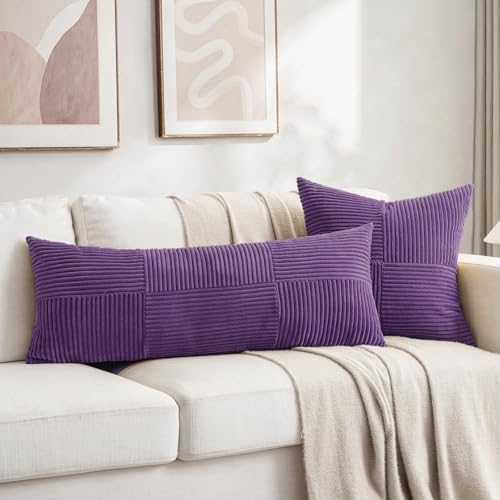 Fancy Homi 2 Packs Purple Big Decorative Throw Pillow Covers 24x24 Inch for Living Room Couch Bed, Farmhouse Boho Home Decor, Soft Corss Corduroy Patchwork Accent Square Cushion Case 60x60 cm - Image 6