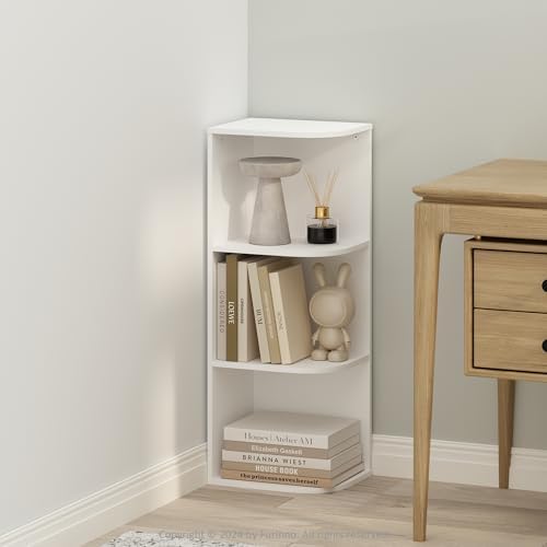 Furinno Reed Corner Shelf, 3-Tier Corner Bookshelf, Book Shelf, Corner Shelves, Storage Rack, for Organization and Storage, Home Office, Living Room, White by Furinno-FitsYourSpaceFitsYourBudget