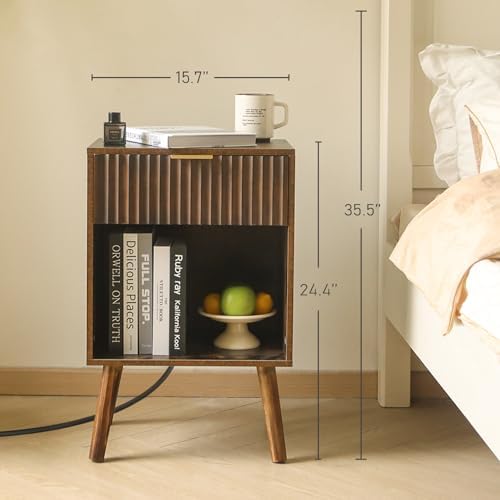 Fultyle Mid Century Modern Nightstand with Charging Station, Bedside Table - Image 3