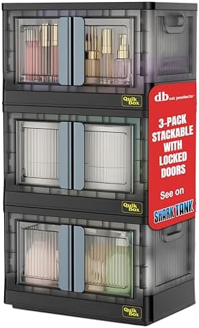 Quik Box - 8.5 Gallon 3-Pack Stackable Storage Bins with Doors & Wheels - Collapsible Organizer for Dorms, Bedroom & Home - Durable Polystyrene - Black by dbestproductsInc
