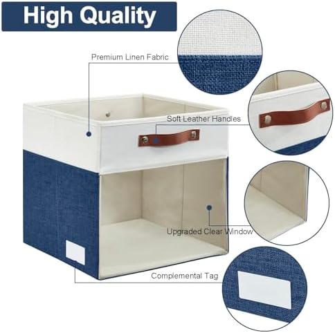 Bagnizer Storage Cubes, 4 Pack Linen Foldable Storage Bins with Clear Window and 2 Handles, 13x15x13 Storage Cube Bins for Shelf Closet, Kallax, Clothes, Books - (Navy Blue / Off-White) - Image 4