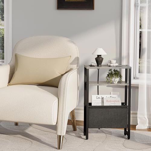 Narrow Side Table with Charging Station Slim End Table Sofa with Magazine Rack, Bedside Table for Small Spaces, 3 Tier Nightstand for Living Room Couch, Bedroom Oak Grey LET503QE - Image 7