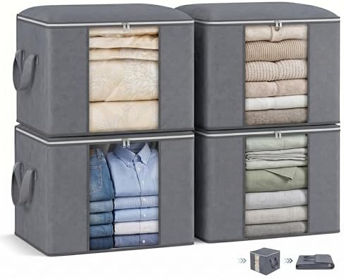 Large Storage Bags, 4 Pack Clothes Storage Bins Foldable Closet Organizers Storage Containers with Reinforced Handle for Clothing, Blanket, Comforters, Bed Sheets, Pillows and Toys (Gray) by Unknown