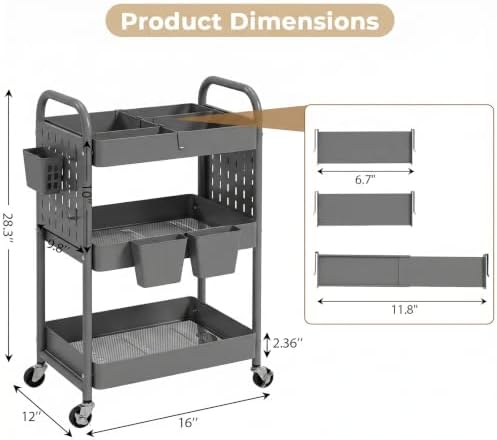 danpinera 3 Tier Rolling Cart with Retractable Dividers, Multi-Functional White Rolling Utility Cart with Pegboards, Hooks & Hanging Cups for Nursery, Living Room, Studio - Image 2