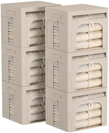 FHSQX 6 Pack Foldable Storage Bins for Clothes Clothes Storage Bins with Metal Frame Stackable Storage Box with Lid (Beige, 16.5x12.2x12.2 inch (40L)) by FHSQX