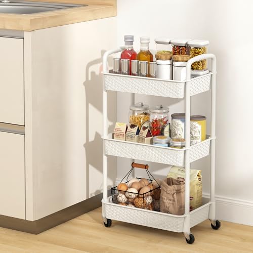 MOYIPIN 3-Tier Plastic Rolling Utility Cart with Handle,Utility Storage Cart for Office, Living Room, Kitchen,Movable Storage Organizer Shelves,White - Image 5