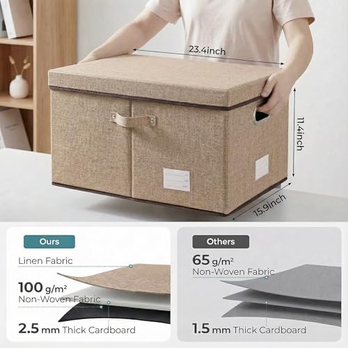 PRANDOM Storage Bins with Lids [3-Pack] Jute Fabric Foldable Storage Boxes Organizer Containers Baskets Cube with Cover for Home Bedroom Closet Office Nursery khaki（23.4X15.9X11.5 - Image 2