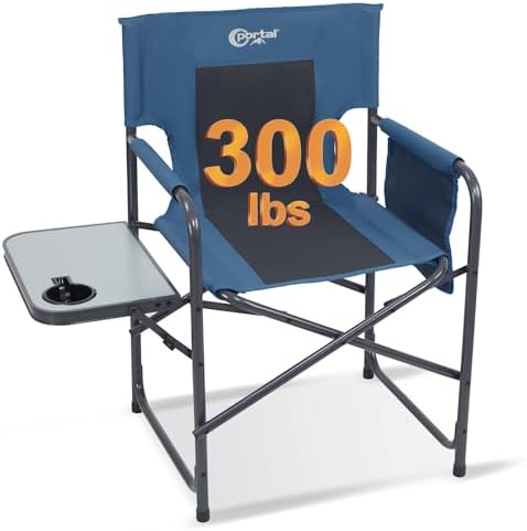 Portal Directors Chair Camping Chairs for Adults with Side Table Folding Lawn Chairs for Adults, Directors Chairs Foldable for Outdoor Chairs for Beach, Travel, Heavy Duty Supports 300LBS, Blue/Grey by PORTAL