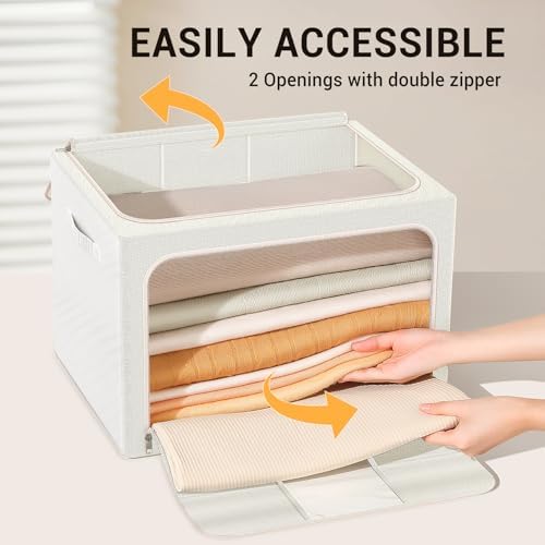 Clothes Storage Bins with Metal Frame, Foldable Clothes Organizers Storage Containers for Clothes, Sheets, Blankets, Pillows and Towels (66L, 3 Pack) Beige - Image 5