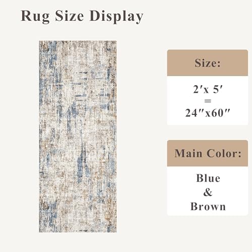 2x5 Non-Slip Washable Runner Rug – Modern Neutral Abstract Small Rug for Hallway, Kitchen, Bathroom, Bedroom, Entryway, Laundry Room – Thin Soft Low-Pile Rubber Backing（Blue Brown） - Image 2