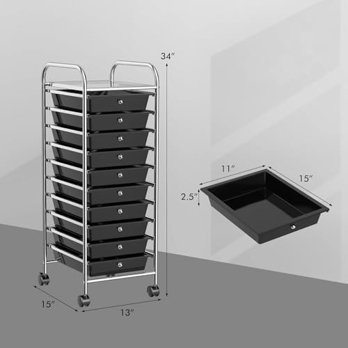 10-Drawer Rolling Storage Cart, Trolley w/Lockable 360° Wheels, 10 Removable PP Drawers, Sturdy Metal Frame, Rolling Utility Cart Perfect for Home, Office, Classroom (Black) - Image 3