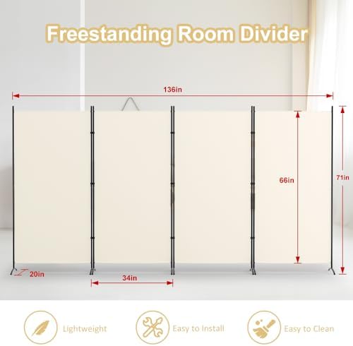 Kokorona 4 Panel Room Divider, 6FT Tall Folding Privacy Screen Wall Dividers, Portable Privacy Screen Freestanding Room Divider for Room Separation, Included - Cover Strips, Beige, 136''W x 71''H - Image 2