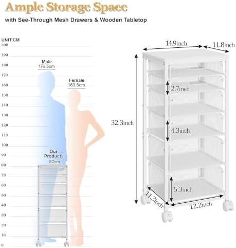 Sbanmao 6 Drawers Rolling Utility Cart, Rolling Storage Cart with Wooden Tabletop, Storage Drawer Cart on Lockable Wheels, Craft Cart for Bedroom, Classroom, Office, White - Image 3