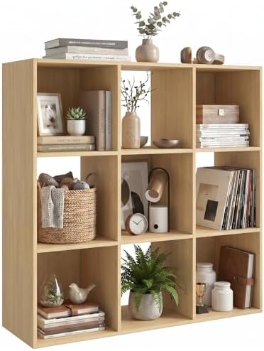 WannabeMyself【Sturdy Build&Easy Assembly】9 Cube Storage Organizer with Anti-Tipping Kits,Reversible Open Back Book Shelf, Bookcase for Living Room,Bedroom,Entrance Hall,Office,35.8×11.4×35.9,Oak Color by WannabeMyself