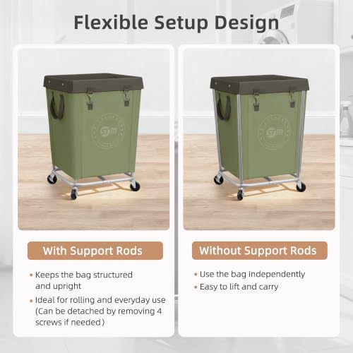 STORAGE MANIAC Commercial Laundry Hamper with Heavy Duty Steel Frame, 160 L Industrial Laundry Basket Cart with Wheels for Hotel, Home, Laundry Room, 18''L x 18''W x 31''H, Medium Green - Image 6
