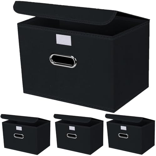 4-Pack Large Collapsible Storage Bins with Lids,Fabric Storage Cubes Organizer for Shelves,Closet,Nursery,Foldable Cube Storage Baskets with Handles,Home Boxes (14.9"x9.8",Black) by SEVENDOME
