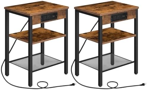 HOOBRO Side Tables Set of 2 with Charging Station and USB Port, Small End Tables for Small Space, 3-Tier Nightstands with Adjustable Shelf, for Living Room, Bedroom, Rustic Brown BF112BZP201 by HOOBRO