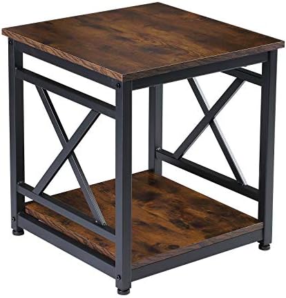 KSWIN Industrial End Table, 18" Square Side Table with 2-Tier Storage Shelf, X-Design Metal Frame, Rustic Brown Nightstand Bedside Table for Living Room, Bedroom by KSWIN