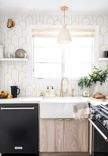 Yasinet Peel and Stick Wallpaper White and Gold Wallpaper Geometric Contact Paper Modern Stripe White Gold Removable Self Adhesive Wall Paper Decorative Wall Bedroom Vinyl Film 17.3''x118'' - Image 3