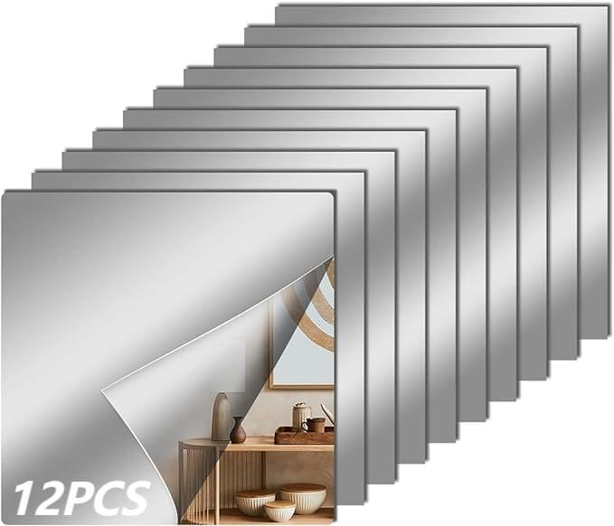 12 Pcs Flexible Mirror Sheets Stickers, Non Glass Safety Reflective Mirror, 12 x 12 in Self Adhesive Square Cuttable Mirror Wall Stickers for DIY Craft Home Wall Decoration by Unknown