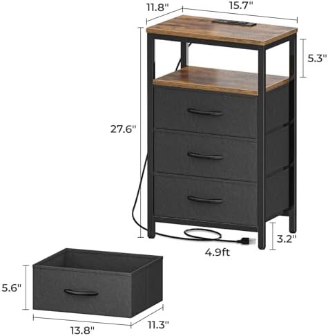 Huuger Nightstand with Charging Station, 27.6 Inch Bedside Table,Side Table - Image 7