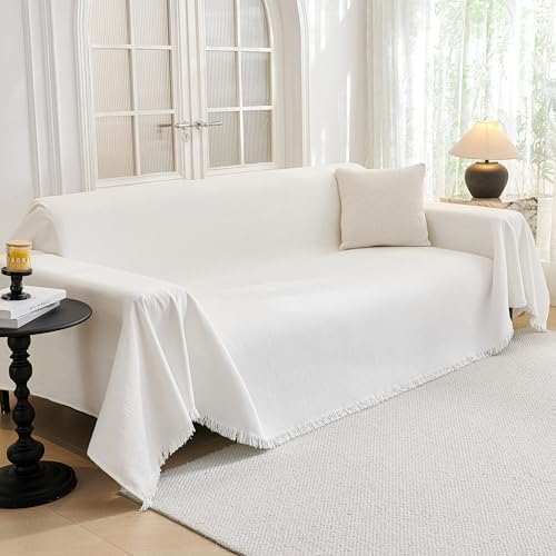 MYSKY HOME Couch Cover for Dogs Washable Couch Covers Couch Covers for Sofa Couch Cover 2 Cushion Sofa Non Slip Dogs Furniture Protector with Tassels Chenille Sofa Covers for Pets, 71"x102", White by MYSKYHOME