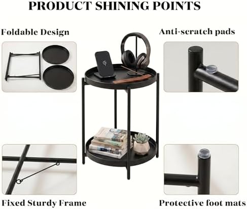 TeoKJ 2 Tier Round Side Table, Folding Round Metal End Table Small Nightstand with Two Removable Tray for Bedroom Living Room Bedside Small Spaces Black - Image 4