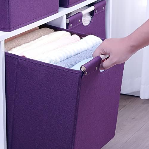 HOONEX Large Collapsible Storage Bins, Linen Fabric, Pack of 2, Storage Baskets with Wooden Carry Handles and Sturdy Heavy Cardboard, for Home, Office, Car, Nursery, Dark Purple - Image 5