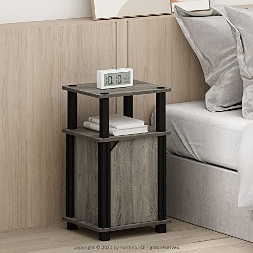 Furinno Brahms 3-Tier End Side Sofa Table/Nighstand with Door, 2-Pack, French Oak/Black - Image 2