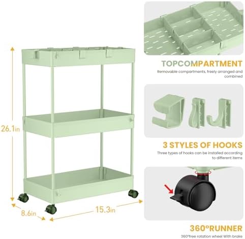 SPACELEAD 3 Tier Rolling Cart with Wheels, Storage Craft Art Trolley Organizer Serving, 3 Hanging Baskets Easy Assembly, for Office, Living Room, Kitchen, Green - Image 3