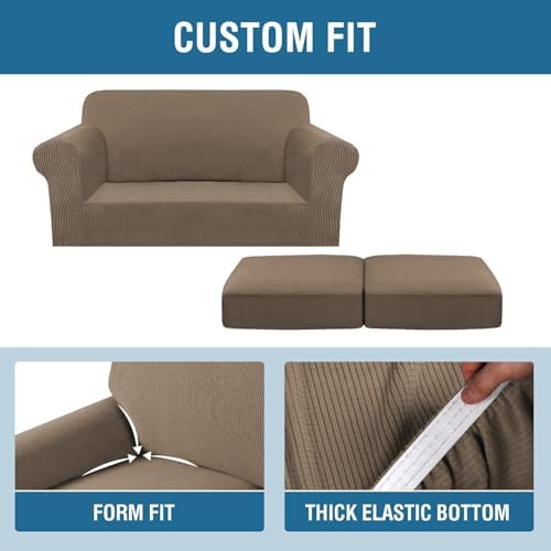H.VERSAILTEX 3 Piece Stretch Sofa Covers for 2 Cushion Loveseat Couch Covers for Living Room Sofa Slipcovers (Base Cover Plus 2 Seat Cushion Covers) Jacquard Fabric (Medium Sofa, Macchiato) - Image 4