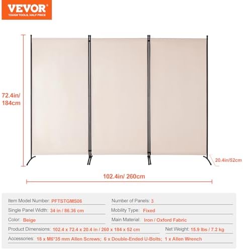 VEVOR Room Divider, 3 Panel Room Divider, Folding Privacy Screen and Portable Partition Divider for Room Separation, Freestanding Room Partitions for Office, Bedroom, Study, Beige - Image 7