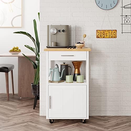 Shintenchi Kitchen Island Cart with Storage,Rolling Side Table on Wheels with Worktop,Single Door Cabinet and Drawer for Dinning Room, White - Image 6