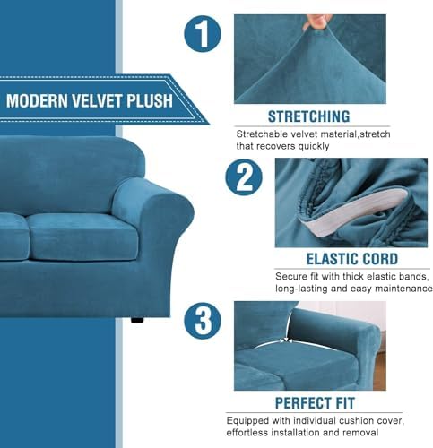 H.VERSAILTEX High Stretch Sofa Slipcover 4 Piece Cover Velvet Furniture Protector Form Fit Thick Velvet Extra Large Sofa Cover for 3 Cushion Couch Width Up to 97 Inch (Large Sofa, Peacock Blue) - Image 3