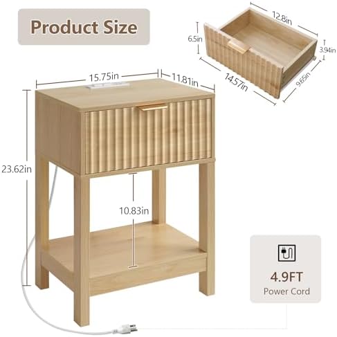 Nasonet Night Stand Set 2, Fluted Nightstand with Charging Station, Wood Bedside Table with Drawer & Storage Shelf, Modern End Tables for Bedroom Sofa Couch Office, Natural Oak - Image 2
