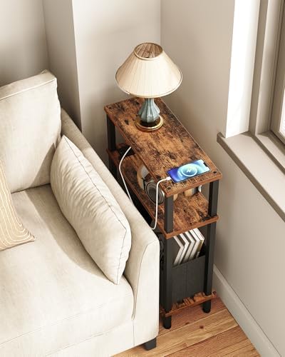 CHOEZON Narrow Side Table with Charging Station, Skinny End Table with Fabric Basket, Slim Nightstand for Small Spaces, Small Side Table, for Living Room, Bedroom, Rustic Brown and Black TBZ07UBF by Choezon