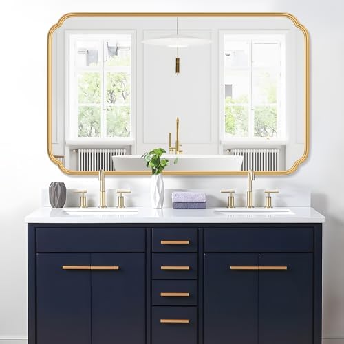Ferytange 30"x48" Gold Bathroom Mirror for Wall, Large Brass Gold Bathroom Vanity Mirror for Over Sink, Rounded Rectangle Mirror in Premium Iron Metal Frame Hangs Horizontal Or Vertical - Image 2